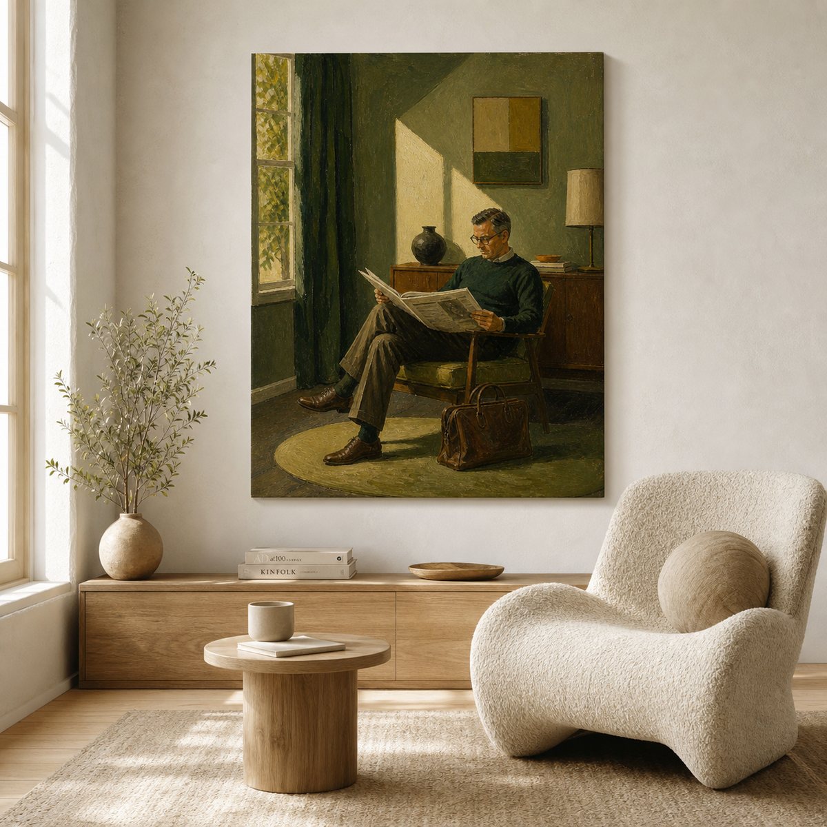 Man reading wall art featuring a bespectacled gentleman reading a newspaper in an armchair beside a brown leather briefcase.