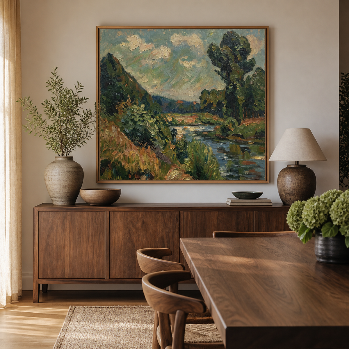 River landscape wall art with green trees, flowering banks and distant blue hills displayed above a leather sofa.