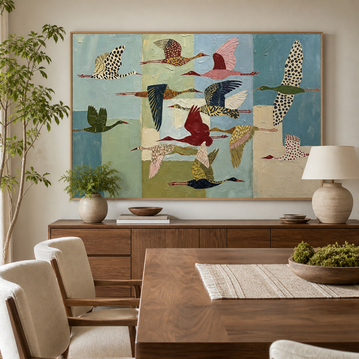 Colorful flying birds wall art with a patterned flock crossing a blue and green background displayed above a sofa.