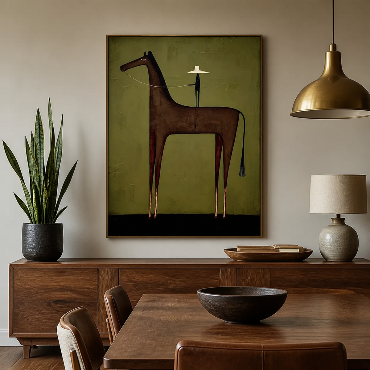 Vertical Western horse wall art with a dark brown horse and cowboy figure against an olive-green background above a sofa.