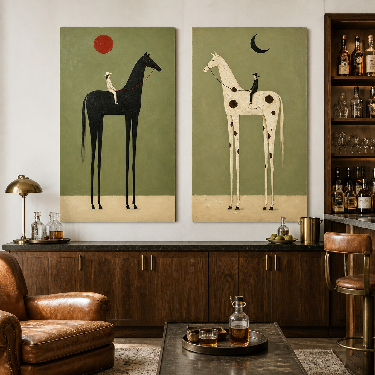 Vintage Americana horse wall art set of two featuring riders on black and white horses beneath a red sun and black crescent moon.