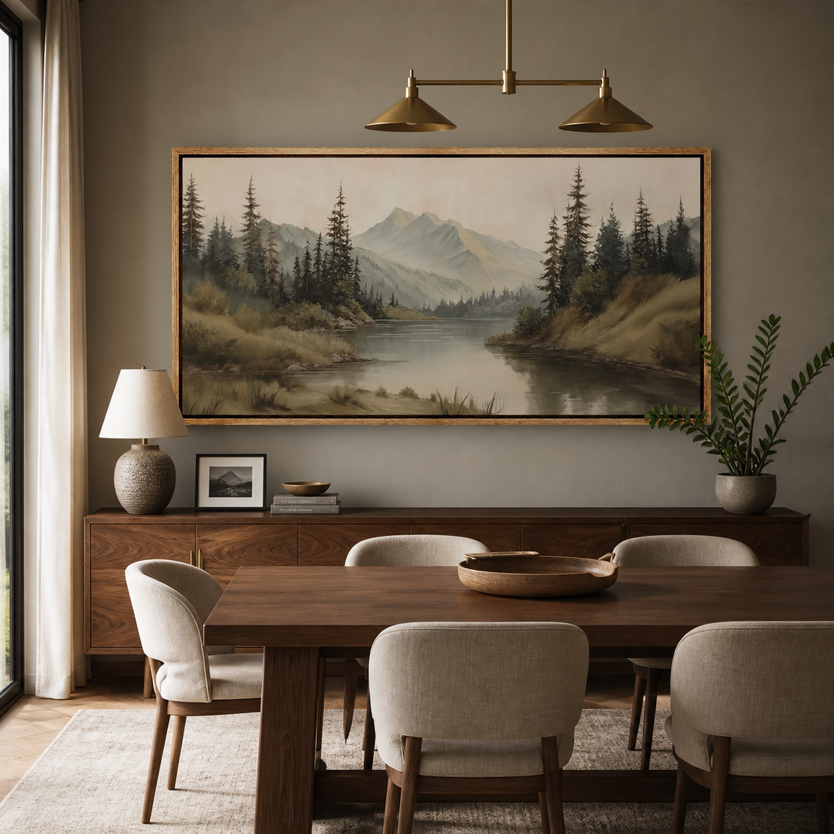 Panoramic mountain lake wall art with tall pine trees and distant peaks displayed above a neutral living room sofa.