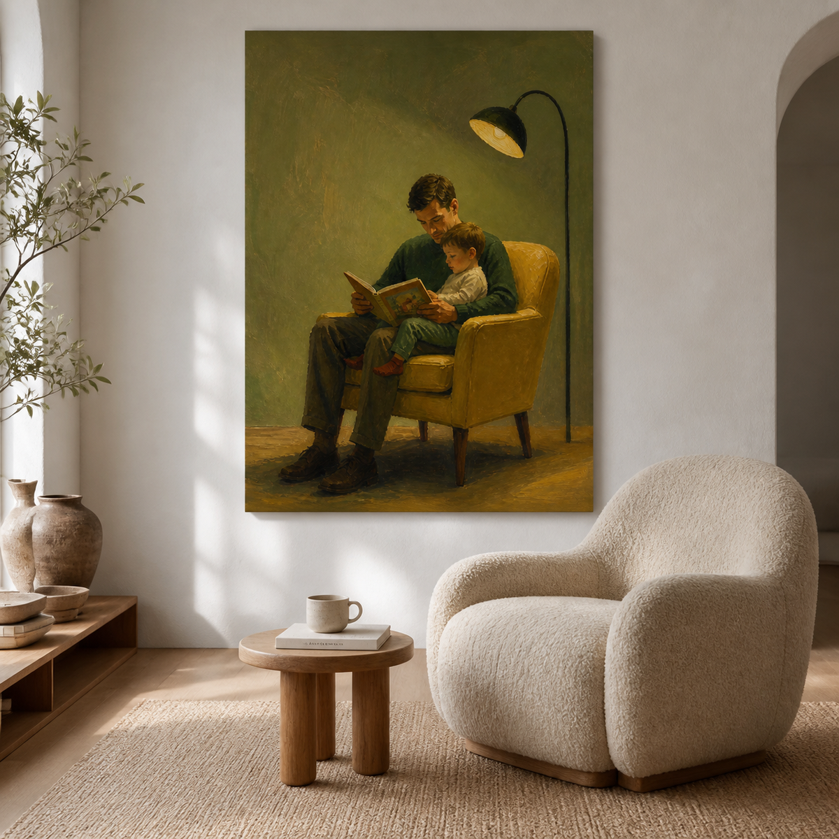 Father and son reading wall art featuring a parent sharing an illustrated storybook with a child in a mustard yellow armchair.