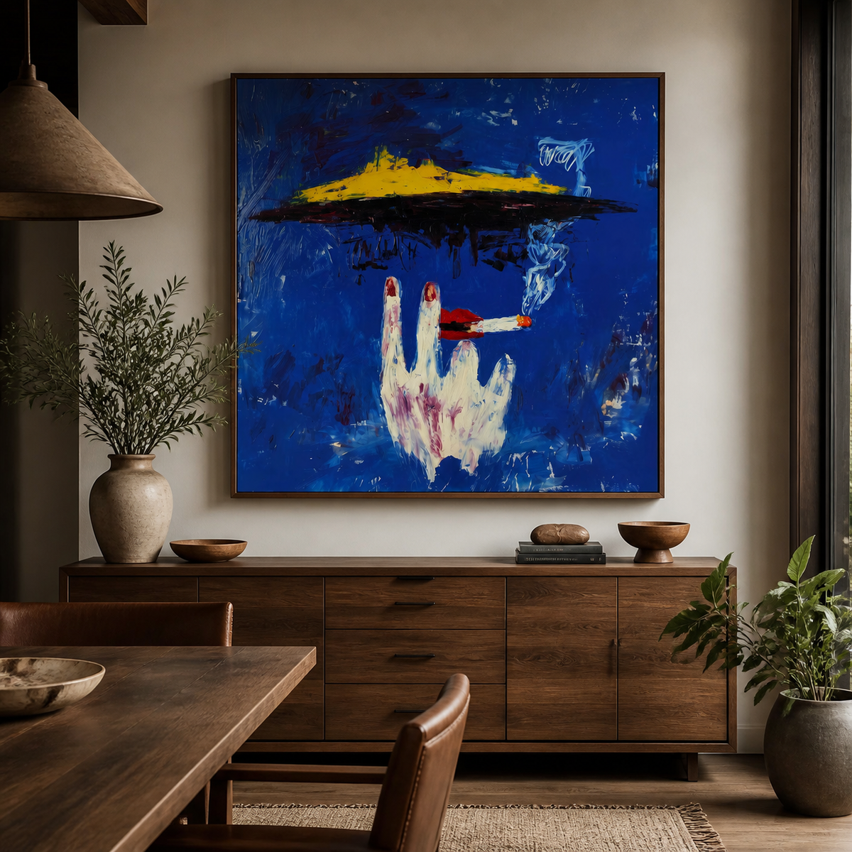 Square blue Western surreal wall art with a pale hand holding a cigarette beneath a yellow hat displayed above an entryway console.