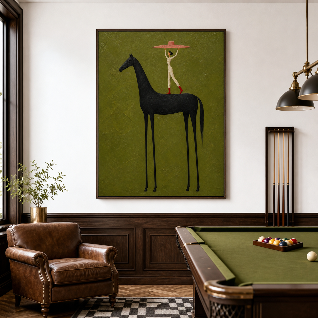 Vintage Americana circus wall art featuring an acrobat standing on a tall black horse and holding an oversized pink hat against an olive green background.