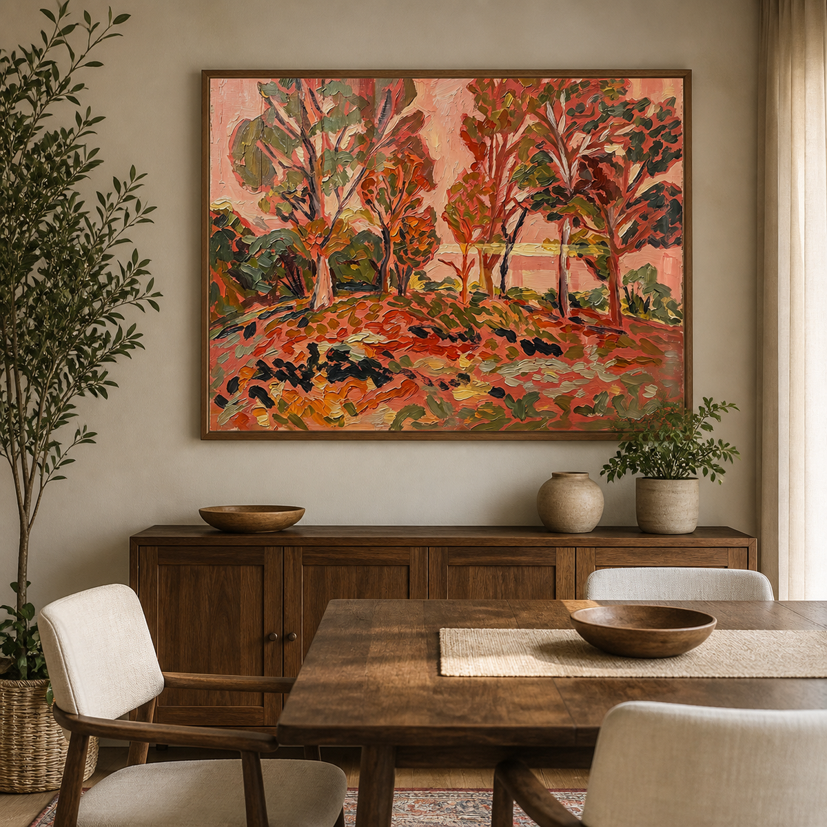 Red forest wall art with colorful autumn trees and warm orange ground displayed above a neutral sofa.