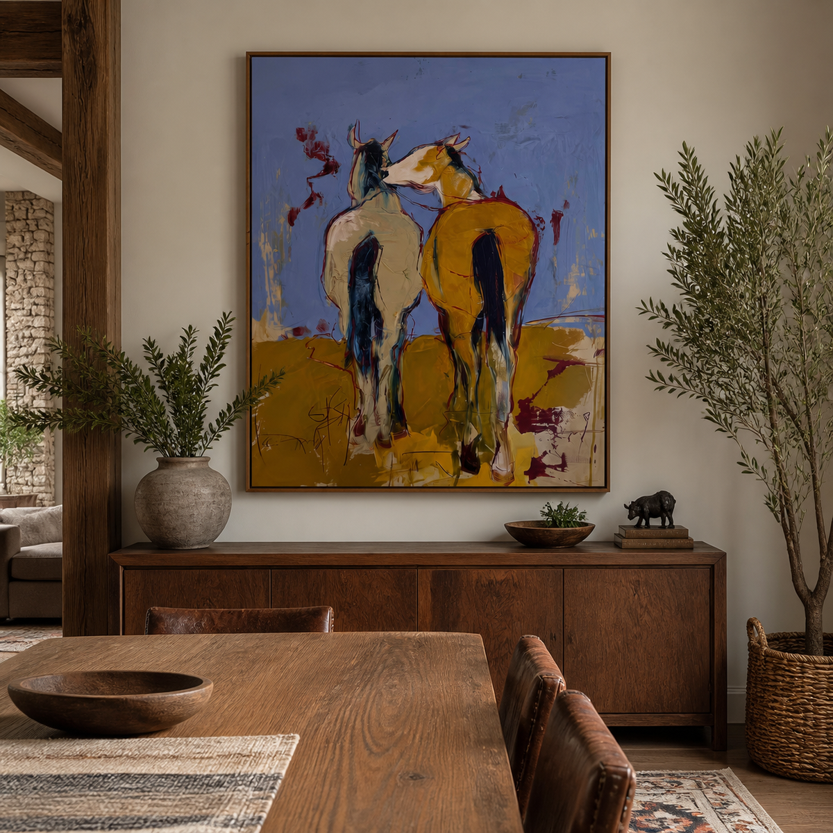 Two horses wall art showing a cream-gray horse and chestnut horse standing together above an entryway console.
