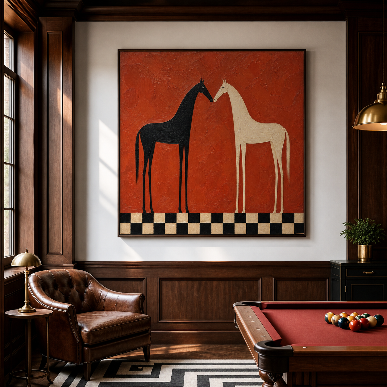 Vintage Americana horse wall art featuring black and white horses facing each other above a checkerboard border on a burnt orange background.