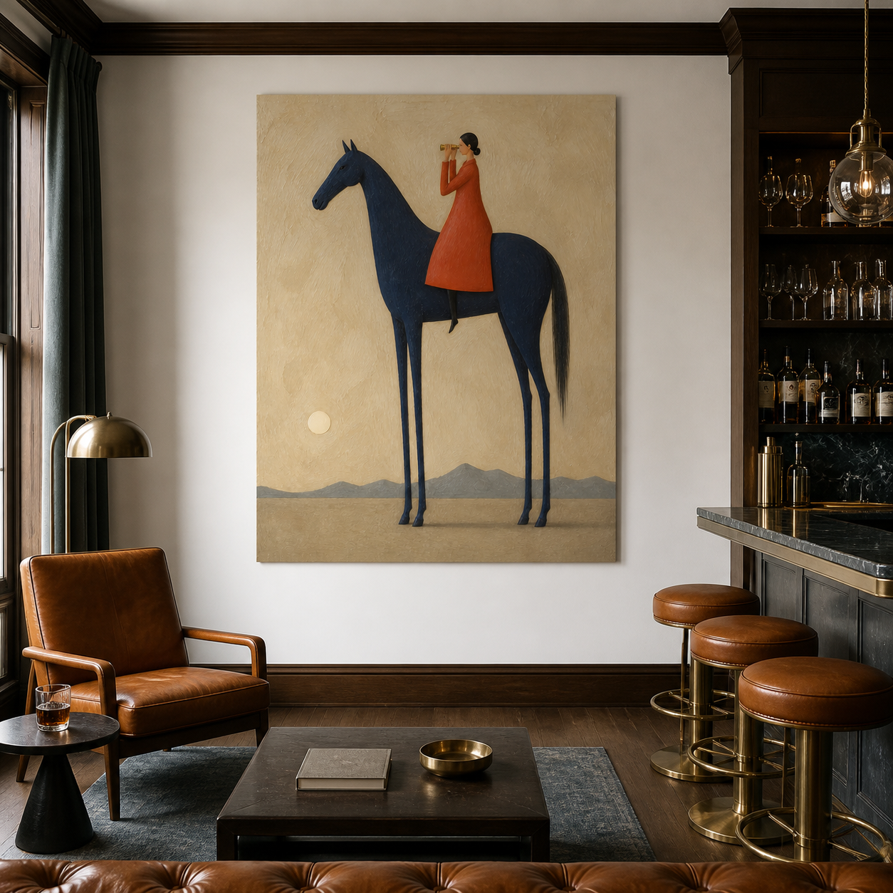 Vintage Americana horse wall art featuring a woman in an orange coat looking through a telescope while seated on a tall navy blue horse.