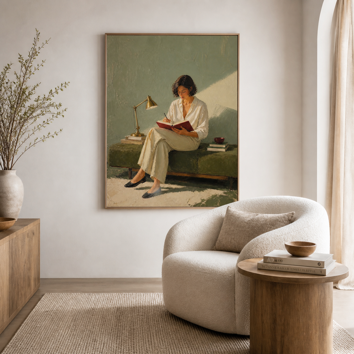 Woman writing wall art featuring a figure in white clothing journaling in a burgundy notebook beside books and a brass desk lamp.