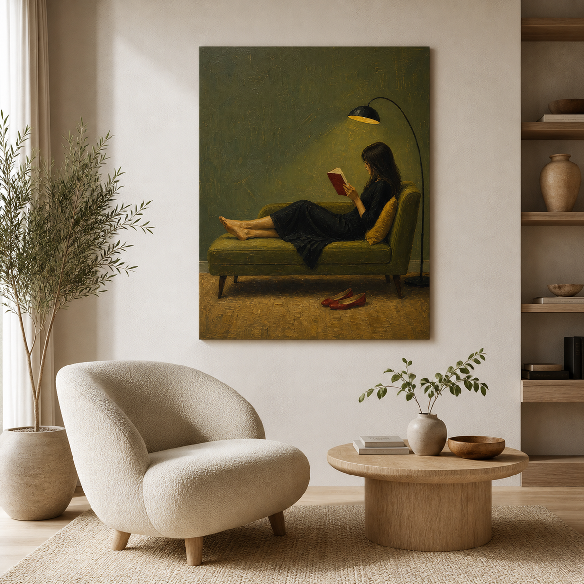 Woman reading wall art featuring a barefoot reader in a black dress reclining on an olive green chaise with a red book.