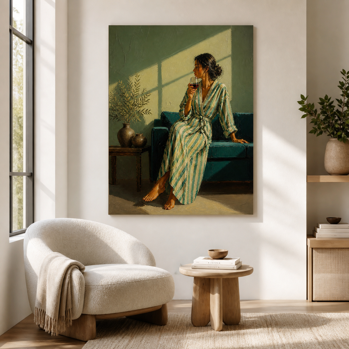 Woman drinking wine wall art featuring a barefoot figure in a striped robe seated on a teal sofa in warm window light.