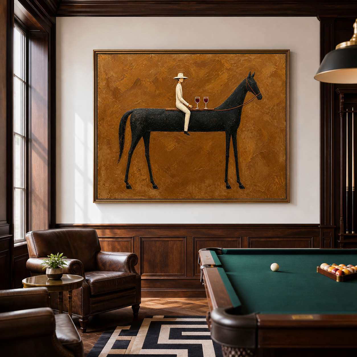 Vintage Americana wine wall art featuring a rider in white seated on a black horse beside two red wine glasses against an ochre brown background.