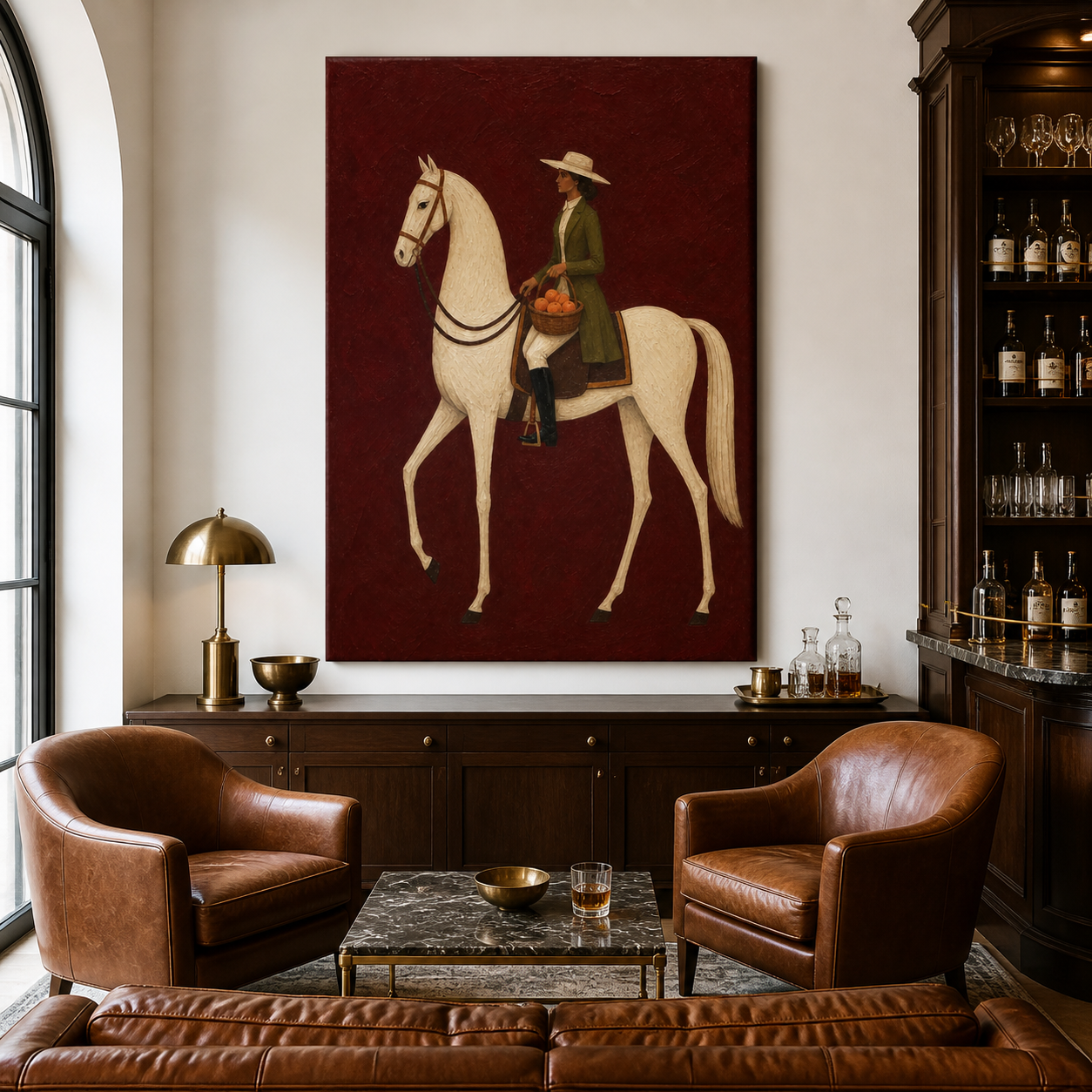 Vintage Americana equestrian art featuring a woman in a green coat riding a white horse and carrying a basket of oranges against a burgundy background.
