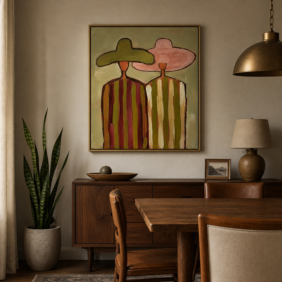 Western wall art of two cowboys in olive and pink hats with striped clothing displayed above a neutral living room sofa.