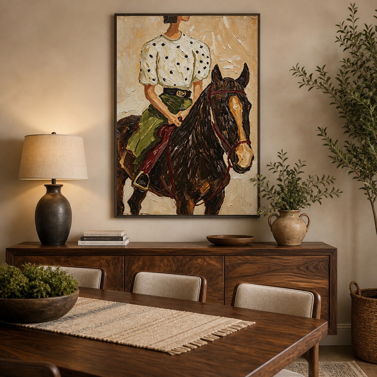 Cowgirl horse wall art with a woman riding a dark brown horse displayed above a neutral sofa.