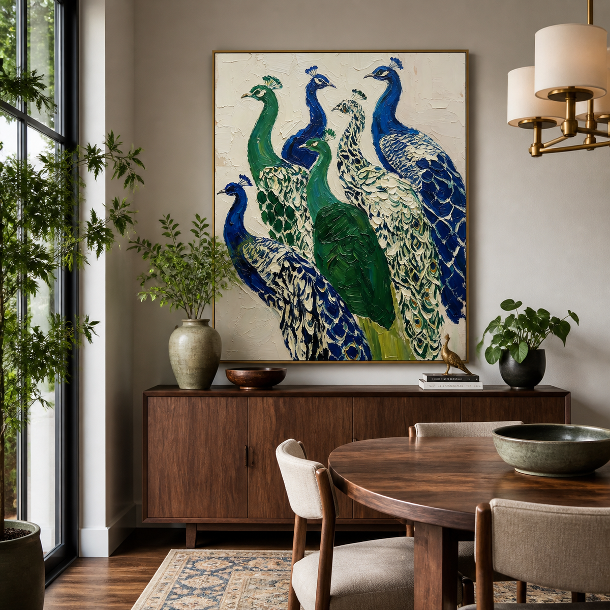 Blue and green peacock wall art with five layered birds displayed above a neutral living room sofa.
