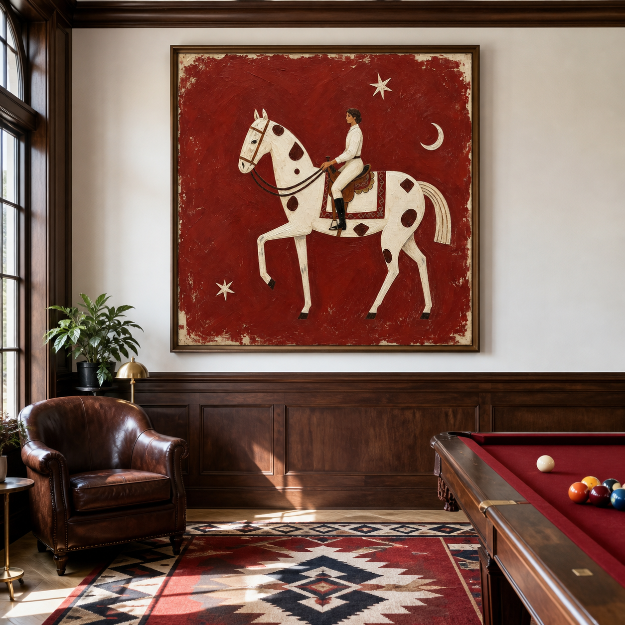 Vintage Americana white horse wall art featuring a rider on a spotted horse with a crescent moon and stars against a distressed red background.