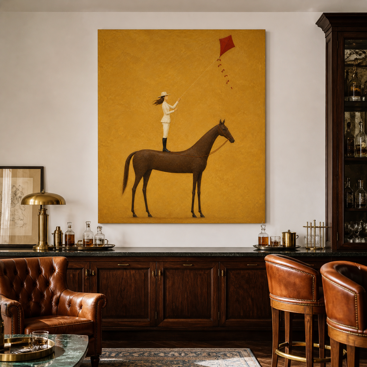 Vintage Americana horse wall art featuring a woman standing on a brown horse and flying a red kite against a textured mustard yellow background.