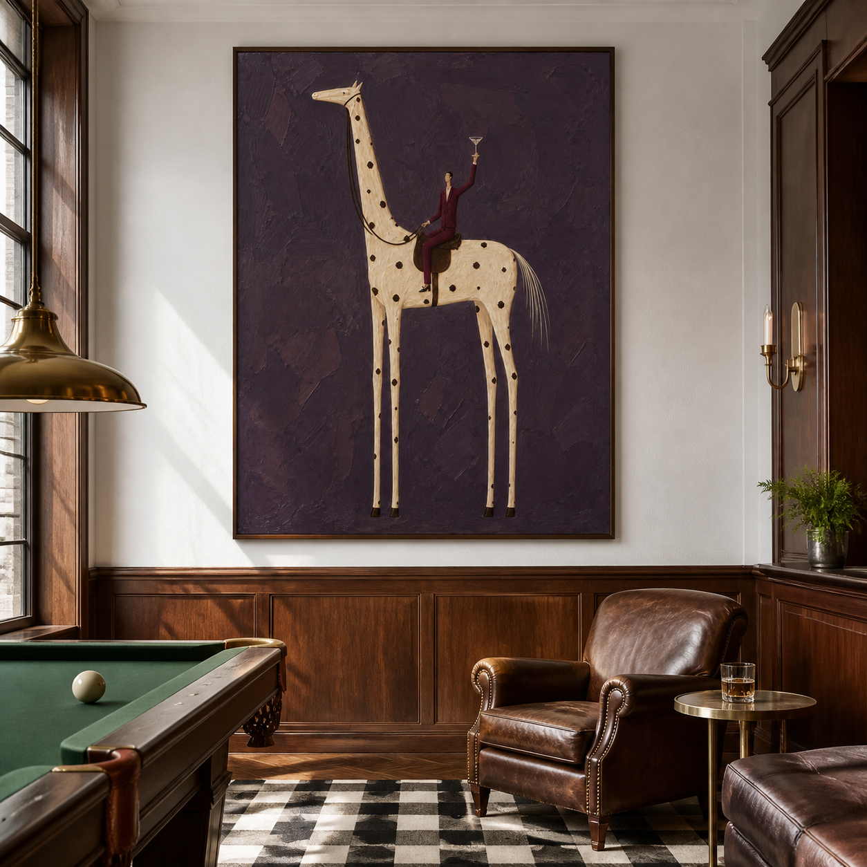 Vintage Americana bar wall art featuring a man in a burgundy suit riding a tall spotted horse and raising a cocktail glass.