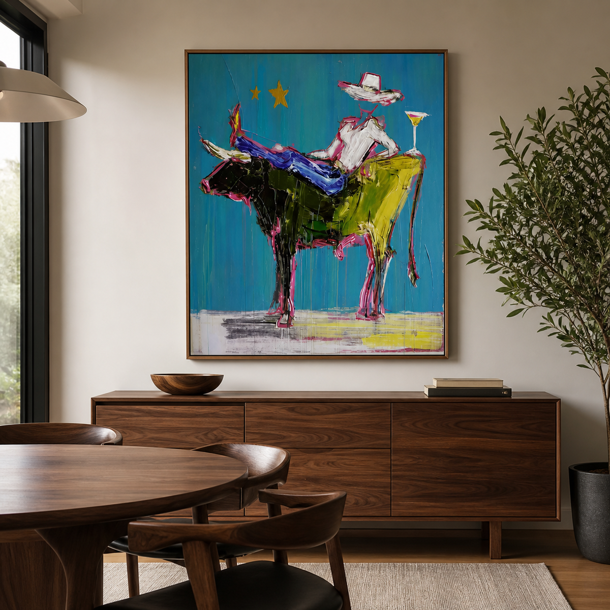 Colorful cowboy rodeo wall art with a rider on a turquoise and magenta bull displayed above an entryway console.
