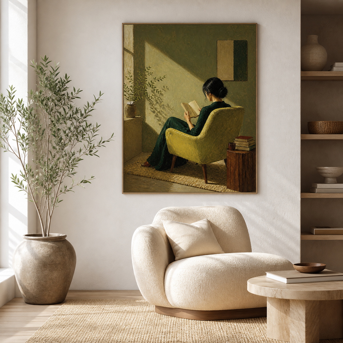 Woman reading wall art showing the back view of a reader in a dark green dress seated in a chartreuse chair with books nearby.