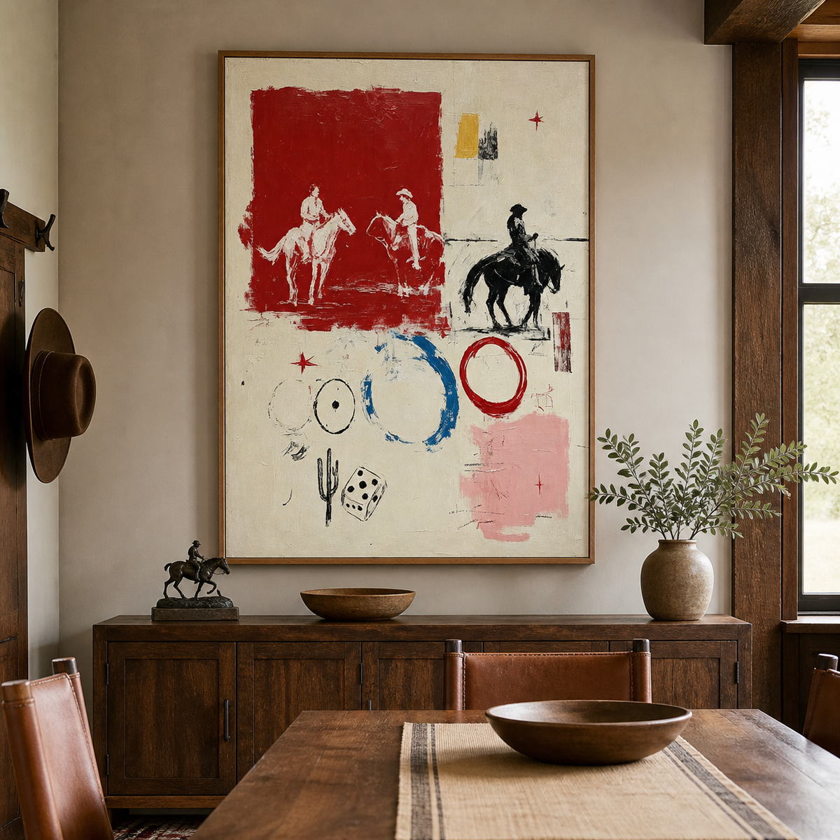 Abstract Western wall art with three cowboy riders and red blue graphic shapes above a leather sofa
