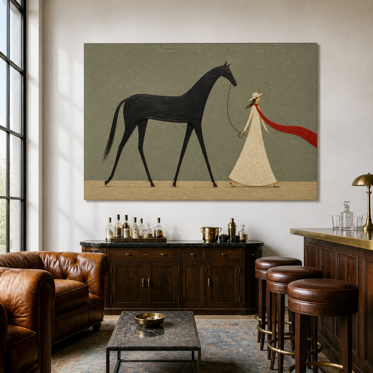 Vintage Americana woman and horse wall art featuring a woman in a cream dress walking a black horse with a long red scarf against a gray-green background.
