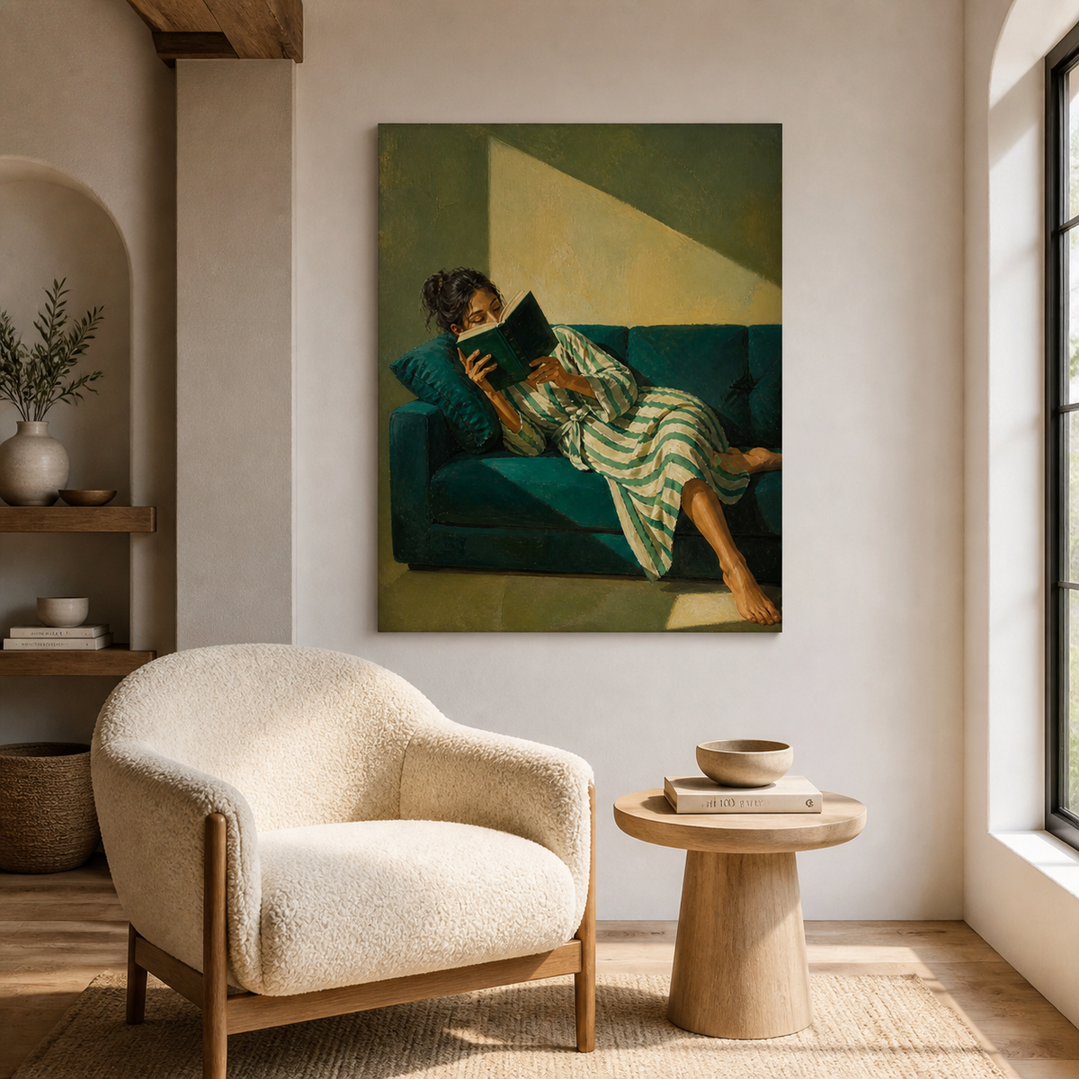 Woman reading wall art featuring a barefoot reader in a striped robe reclining on a deep teal sofa with a dark green book.