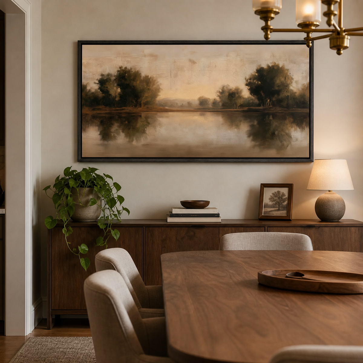 Panoramic neutral lake landscape wall art with reflected trees and a warm amber sky displayed above an entryway console.