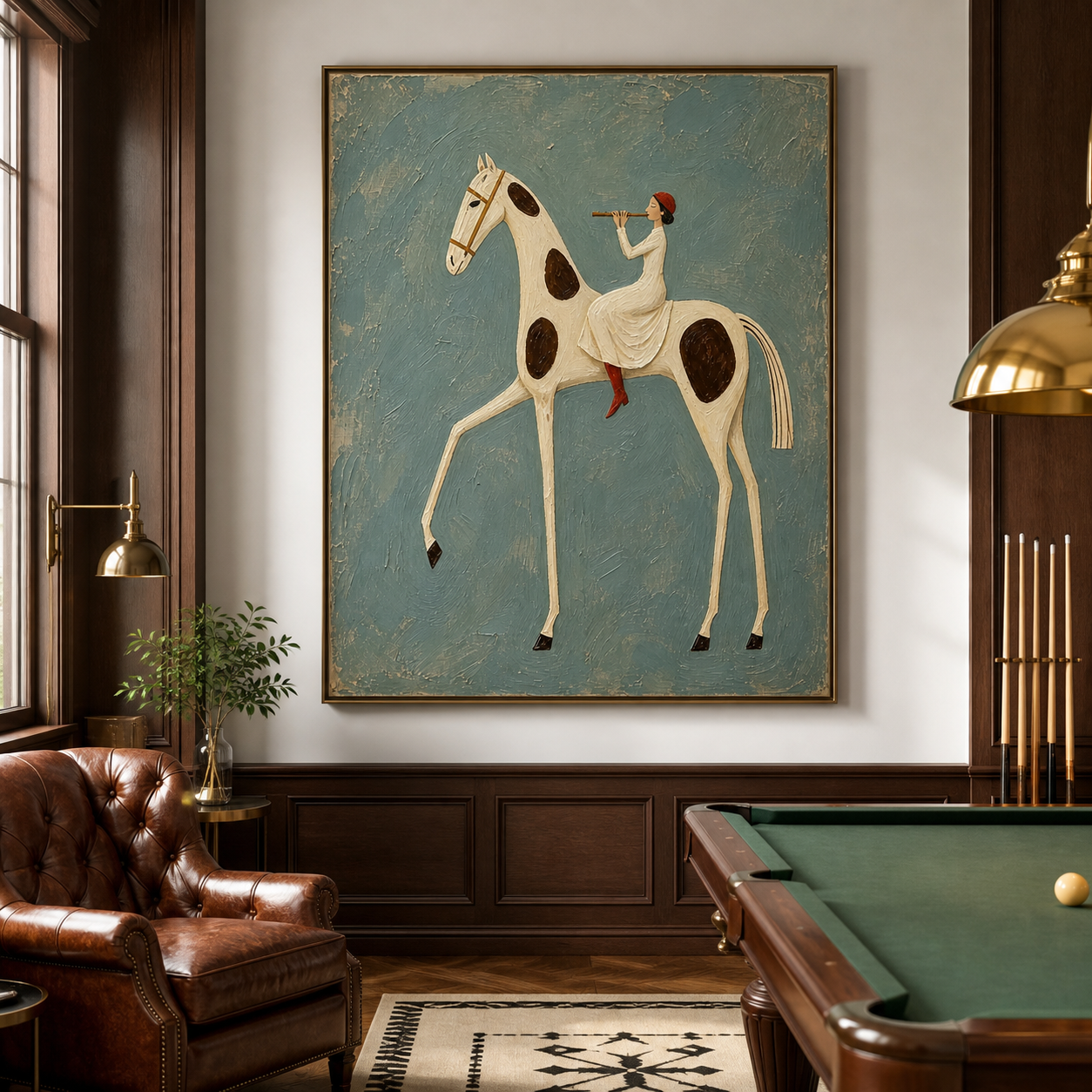 Vintage Americana musical horse art featuring a woman playing a flute while riding a white and brown spotted horse against a textured blue background.
