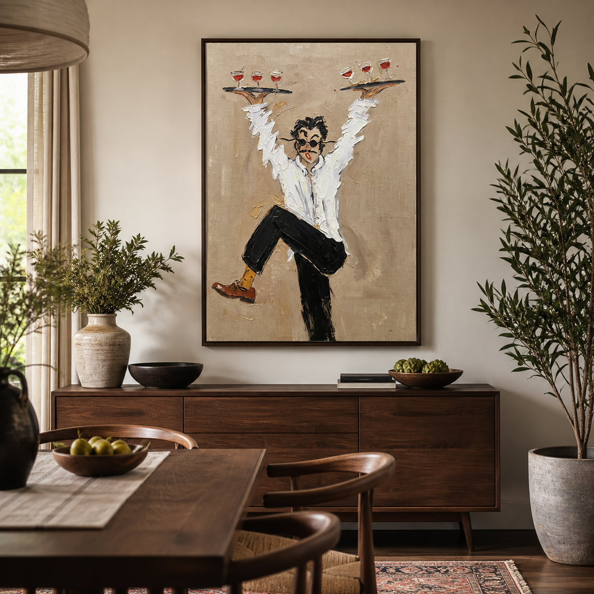 Funny waiter wall art showing a server balancing two trays of wine glasses displayed above a brown leather sofa.