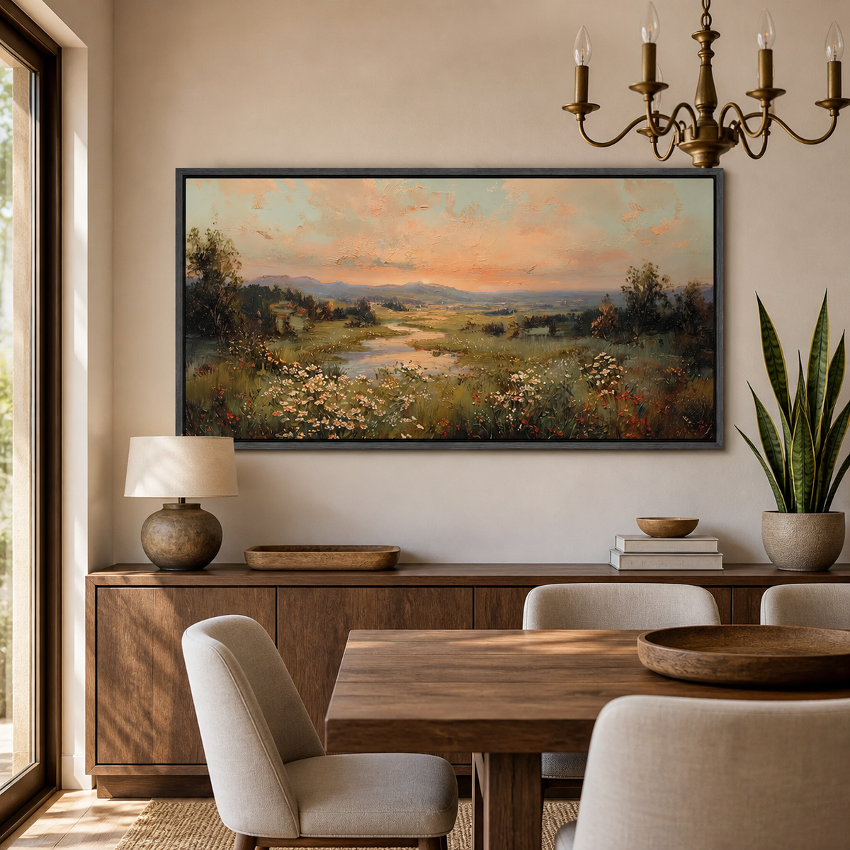 Panoramic wildflower meadow landscape wall art with a winding stream, distant hills and warm sunset sky displayed above a neutral sofa.