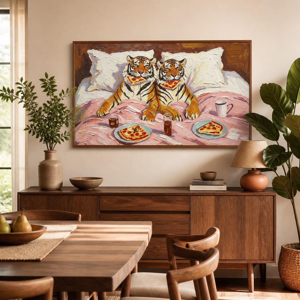 Funny tiger wall art showing two tigers in bed with pizza and drinks displayed above a neutral sofa.