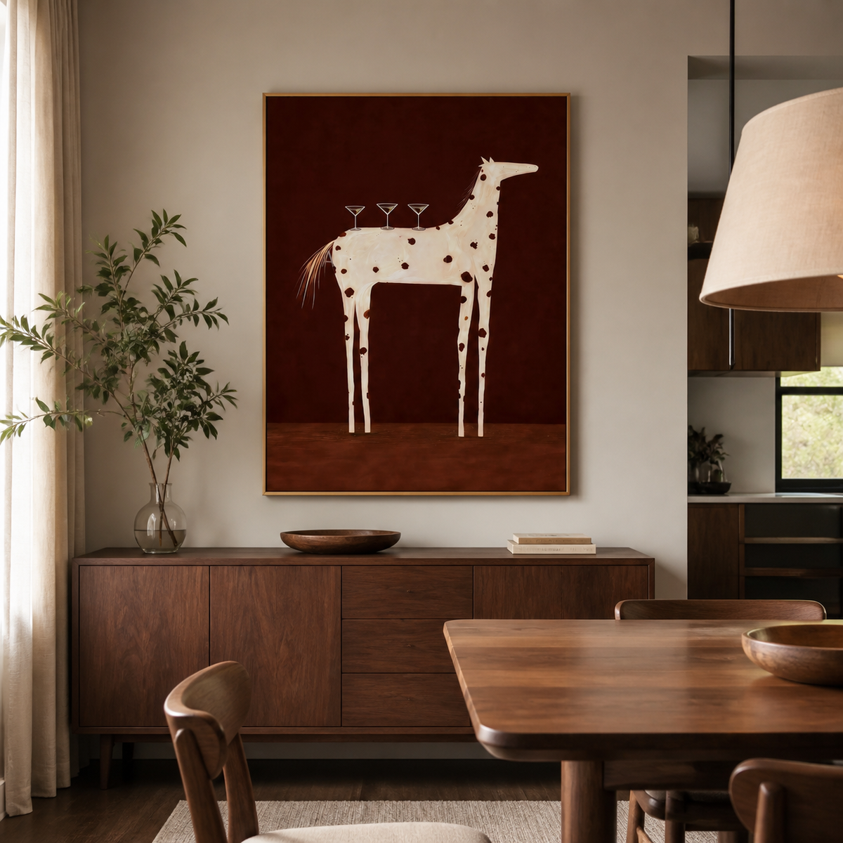 White spotted horse wall art with three cocktail glasses displayed above a wooden entryway console.