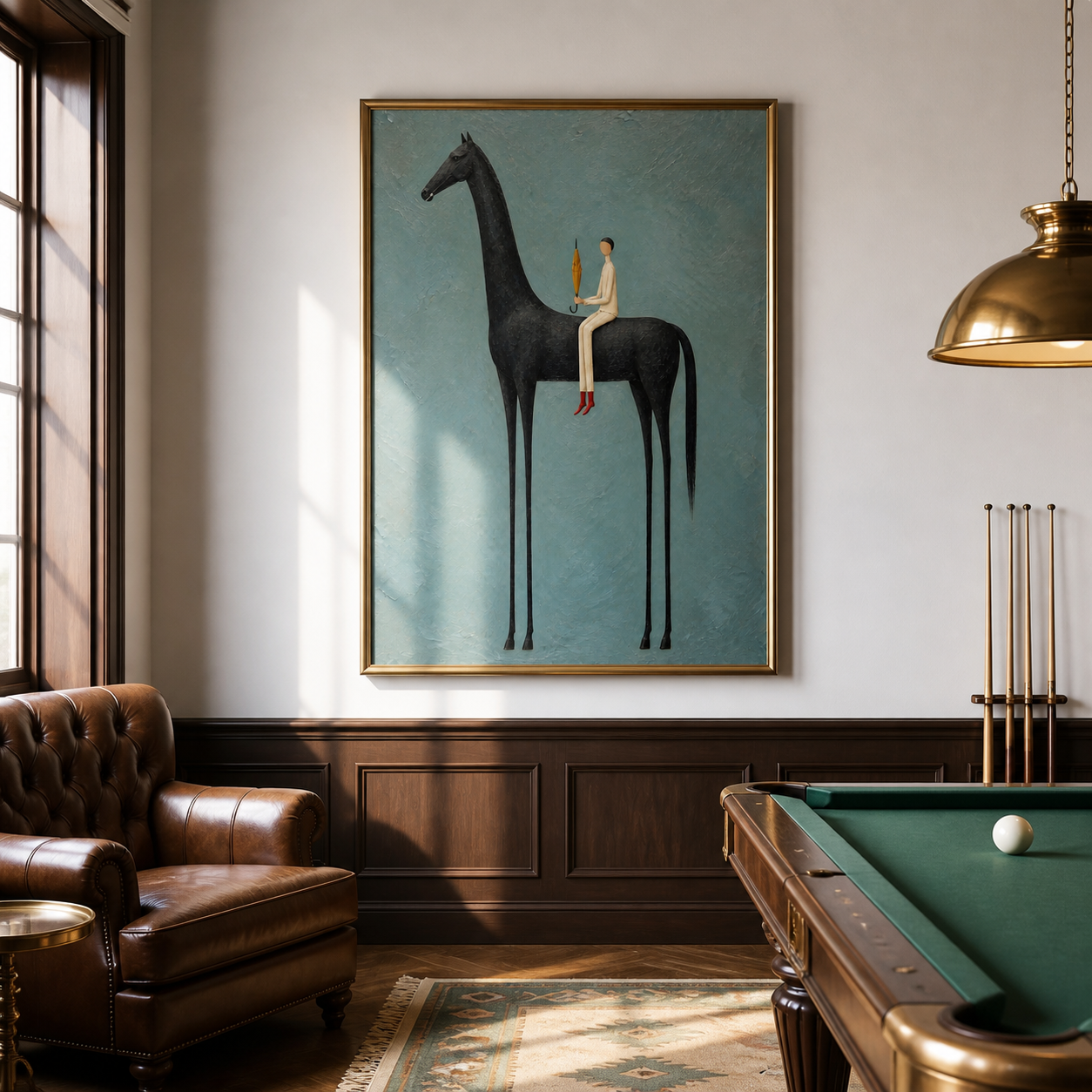 Vintage Americana black horse wall art featuring a rider with red shoes holding a small golden umbrella against a textured blue-gray background.