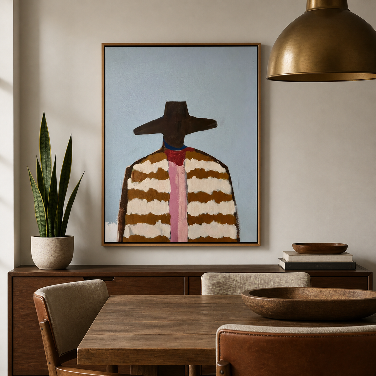 Western cowboy portrait with a wide brown hat, striped jacket and pink necktie displayed above a neutral sofa.