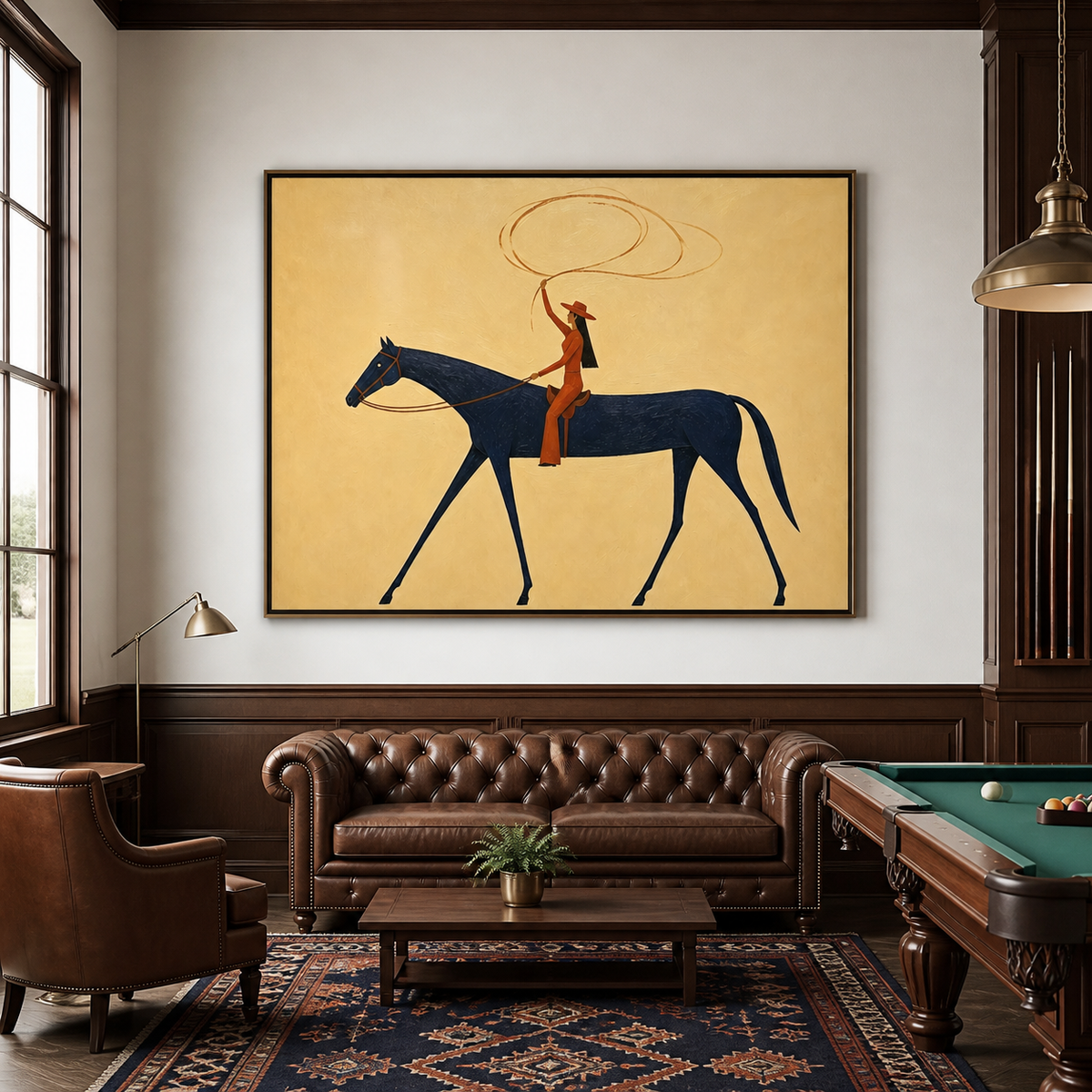 Vintage Americana cowgirl wall art featuring a Western rider swinging a lasso while riding a navy blue horse against a textured cream background.