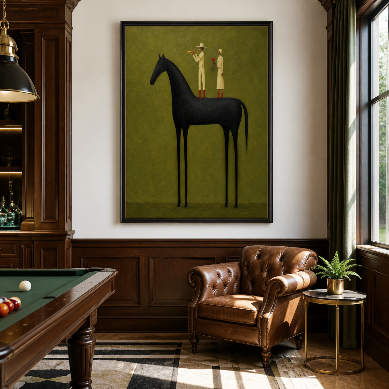 Vintage Americana black horse wall art featuring a trumpet player and a woman holding a red flower against an olive green background.