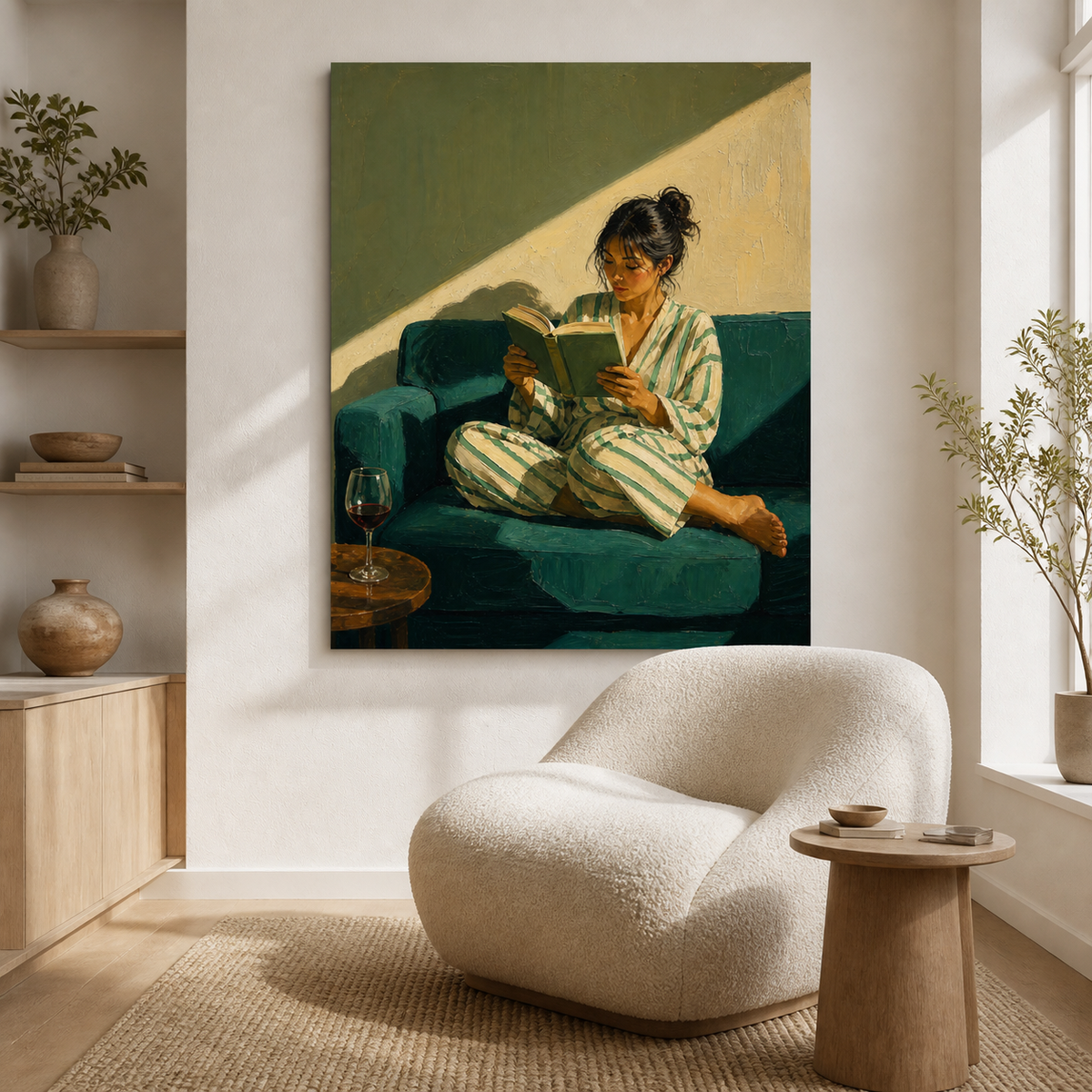 Woman reading wall art featuring a reader in striped pajamas sitting on a dark teal sofa with an open book and a glass of red wine.
