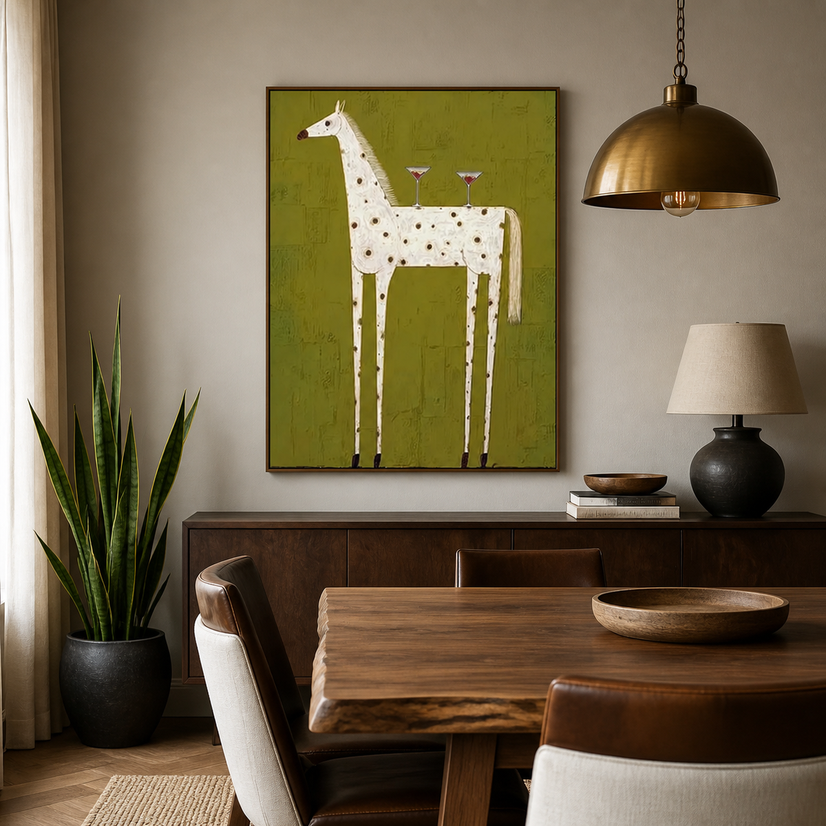 Whimsical white spotted horse wall art with two cocktail glasses on an olive-green background displayed above a sofa.