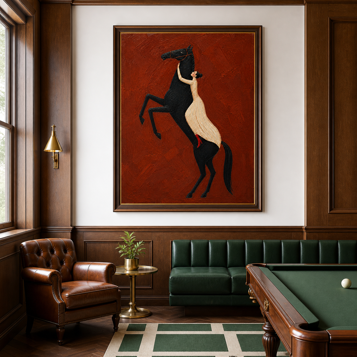 Vintage Americana woman and horse wall art featuring a woman in a cream dress embracing a rearing black horse against a crimson red background.