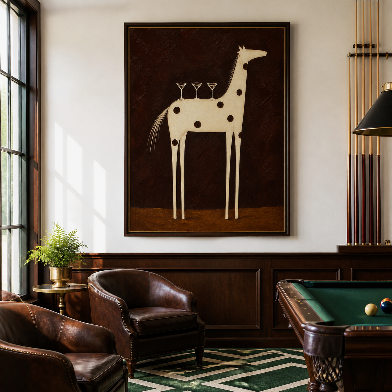 Vintage Americana bar wall art featuring a tall cream spotted horse balancing three cocktail glasses against a dark brown background.