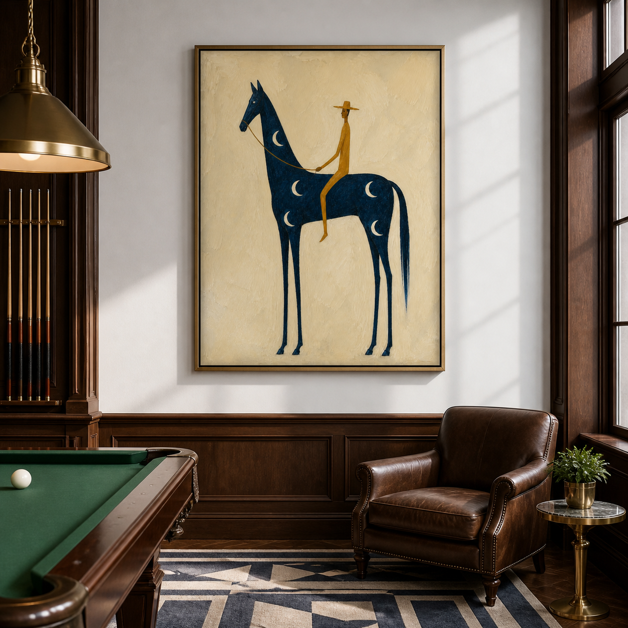 Vintage Americana cowboy wall art featuring a golden rider on a blue horse decorated with crescent moons against a textured cream background.