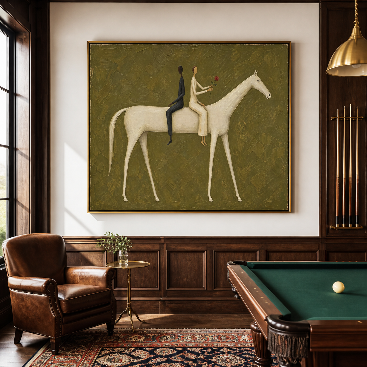 Vintage Americana couple horse art featuring two riders seated back to back on a white horse, with one holding a red rose against an olive green background.