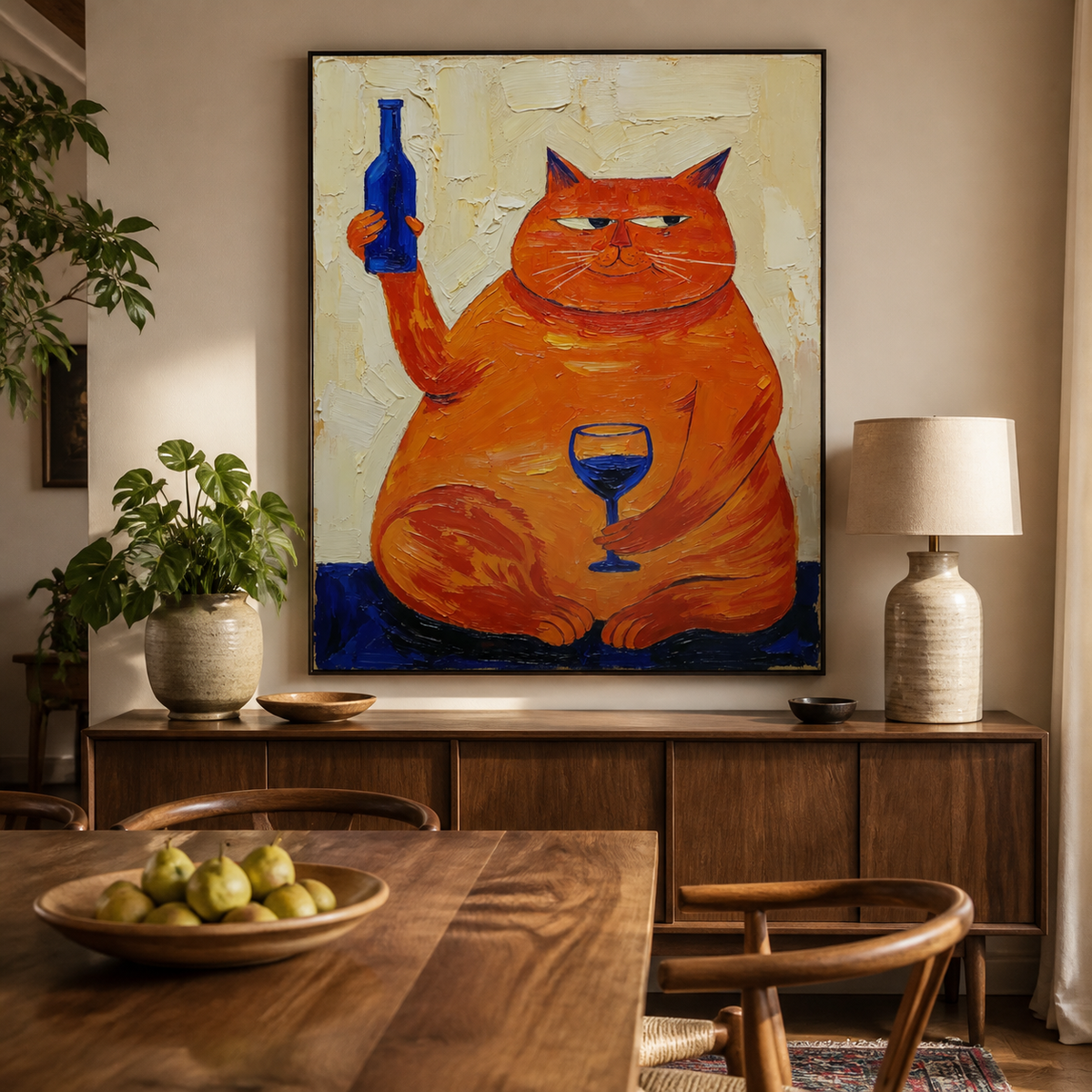 Funny orange cat wall art showing a plump cat holding a blue bottle beside a wine glass above a sofa.