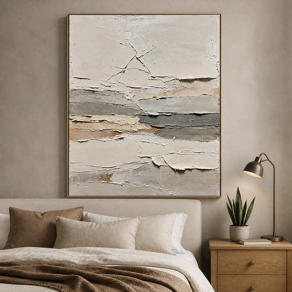 Vertical neutral textured wall art with layered white, beige and gray abstract bands displayed above a modern bedroom.