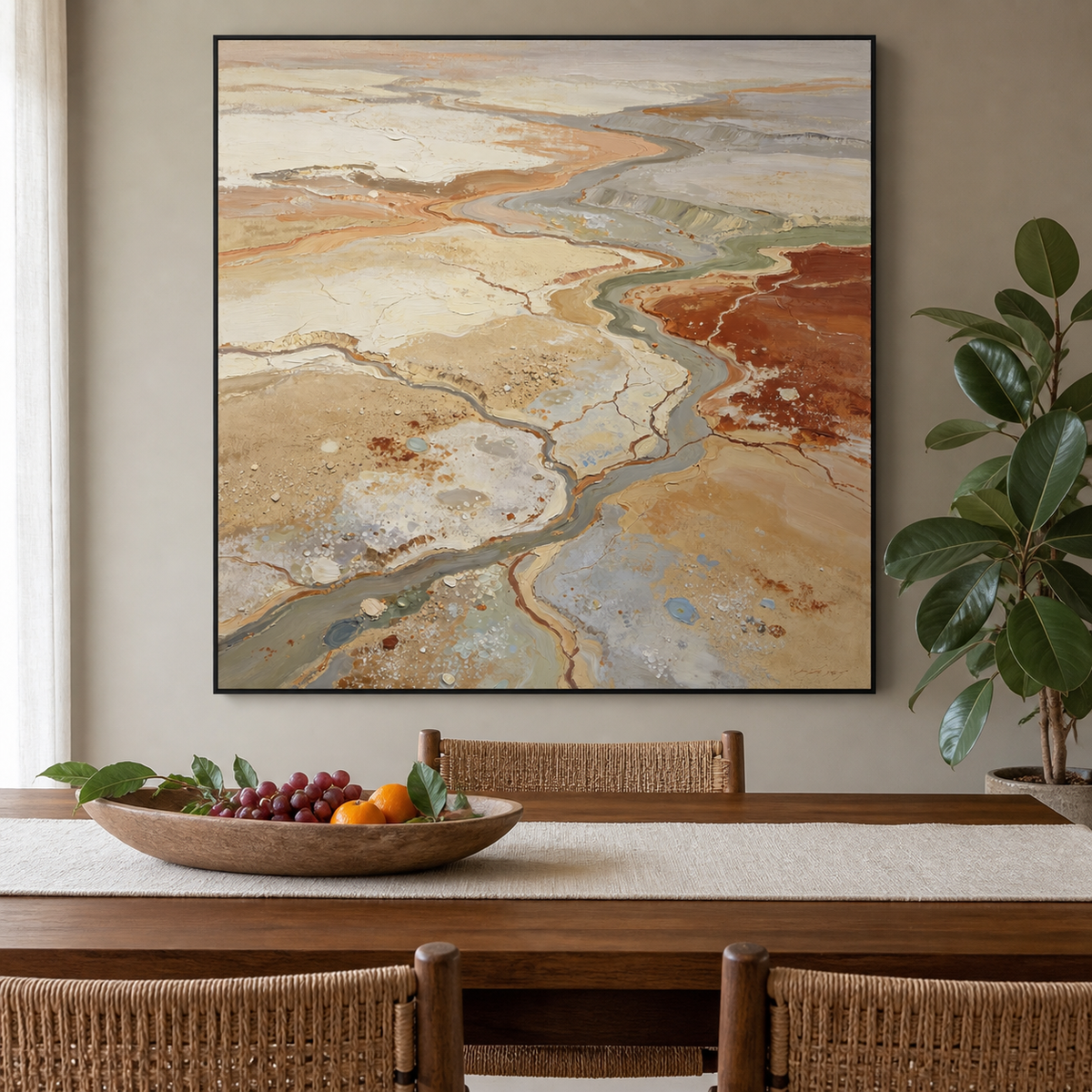 Square neutral textured wall art with winding abstract river channels in beige, terracotta, gray and sage displayed above a dining table.