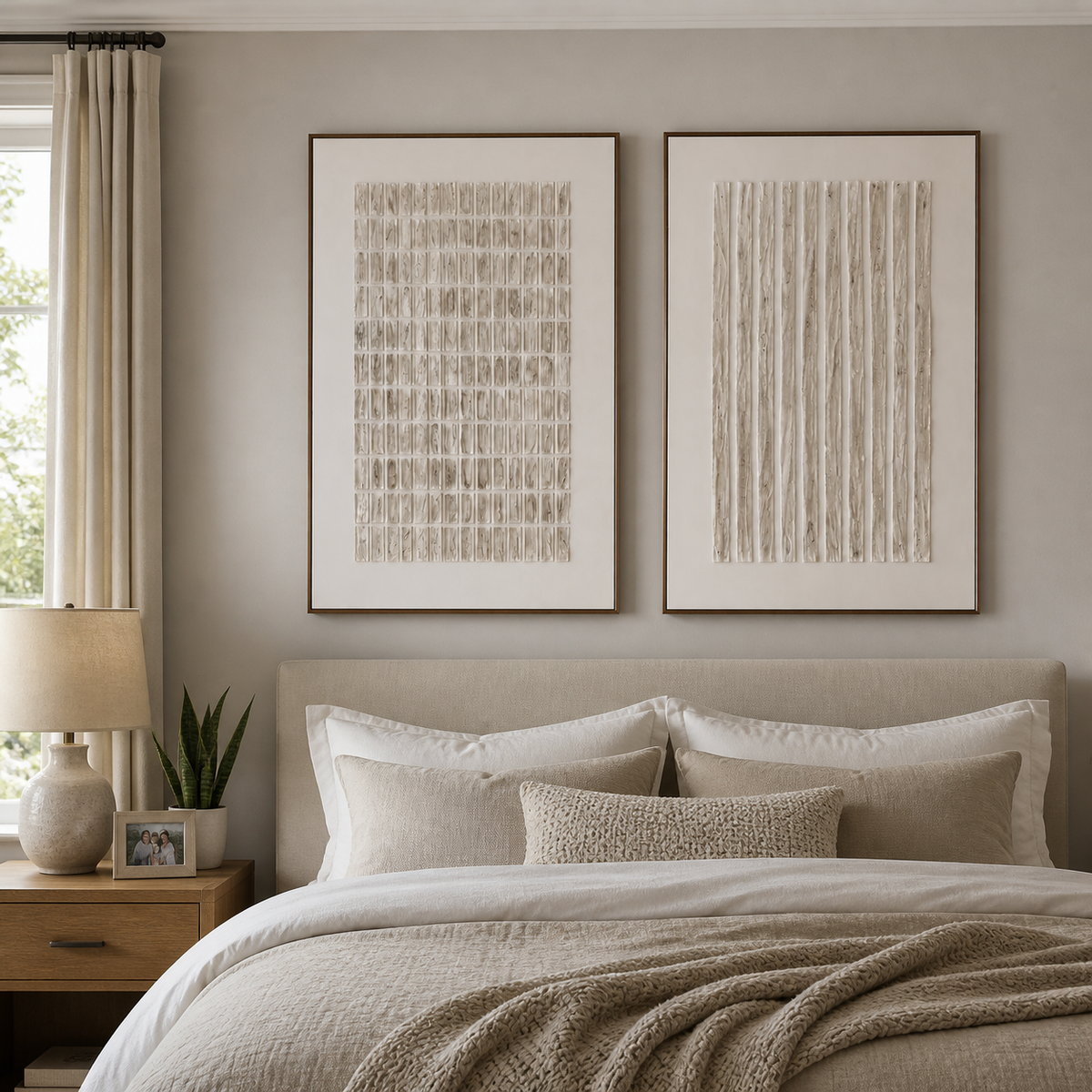 Neutral Textured Wall Art Set of 2 – Ivory White Geometric Diptych