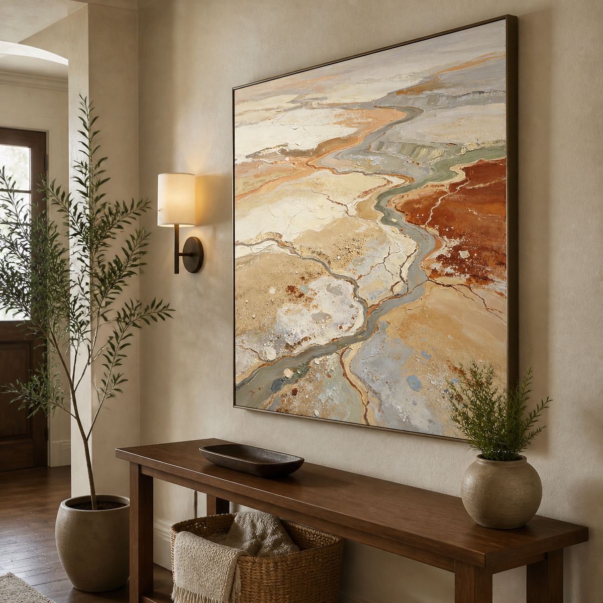 Square neutral textured wall art with winding abstract river channels in beige, terracotta, gray and sage displayed above a dining table.